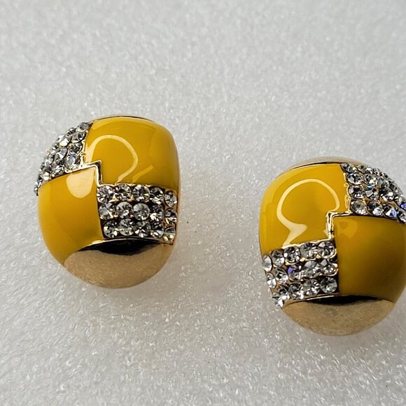 Yellow And Gold Oval  Earrings with Clear Crystals Small Yellow Earrings - Picture 2 of 8